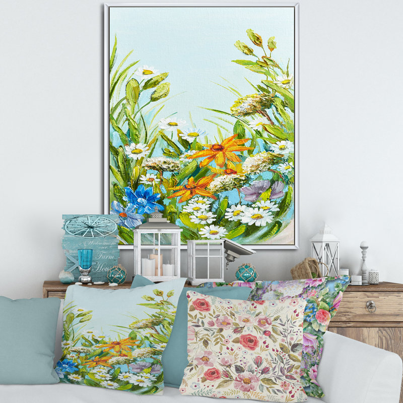 Nature morte aux fleurs sauvages colorées II - Peinture sur toile, H 40 po x l 30 po x 1,5 po, Cadre flottant blanc