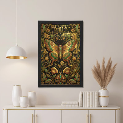 Art Nouveau Butterfly Floral Pattern Canvas Wrapped Wall Art Oil Painting Print Set Of 1