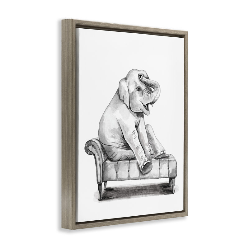«Happy Elephant on Chaise», art mural encadré sur toile flottante, design par Rachel Nieman, H 21 po x l 17 po