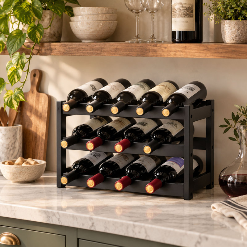 12 - Bottle Bamboo Wine Bottle Rack in Black
