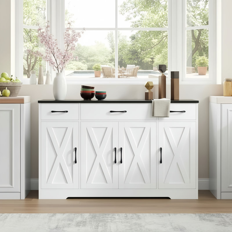 55.13-Inch Modern Farmhouse-Style Sideboard With Drawers, Shelves, And Cabinet Doors, White And Black, Suitable For Kitchen, Dining Room, And Coffee Bar.