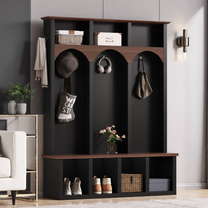 Farmhouse Arched Hall Tree Bench with 5 Hooks & 7 Cubbies - Walnut Storage Shoe Cabinet for Entryway, Black
