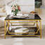 Table basse carrée en verre de 33,5 po, cadre géométrique luxueux, finition dorée et tablette inférieure