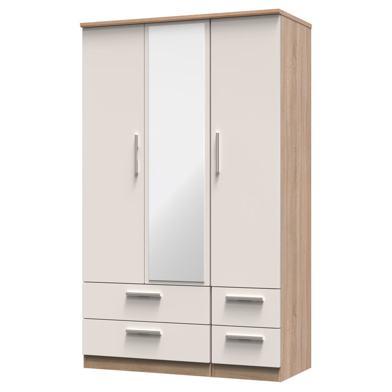 Borgeson Tall Triple 4 Drawer Mirror Wardrobe, 182" H x 111" W x 53" D, Kashmir Gloss/Bardolino Oak
