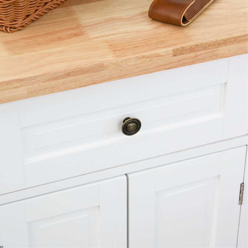 Kitchen Island On Wheels, Rolling Cart With Rubberwood Top, Spice Rack, Towel Rack And Drawers For Dining Room, White