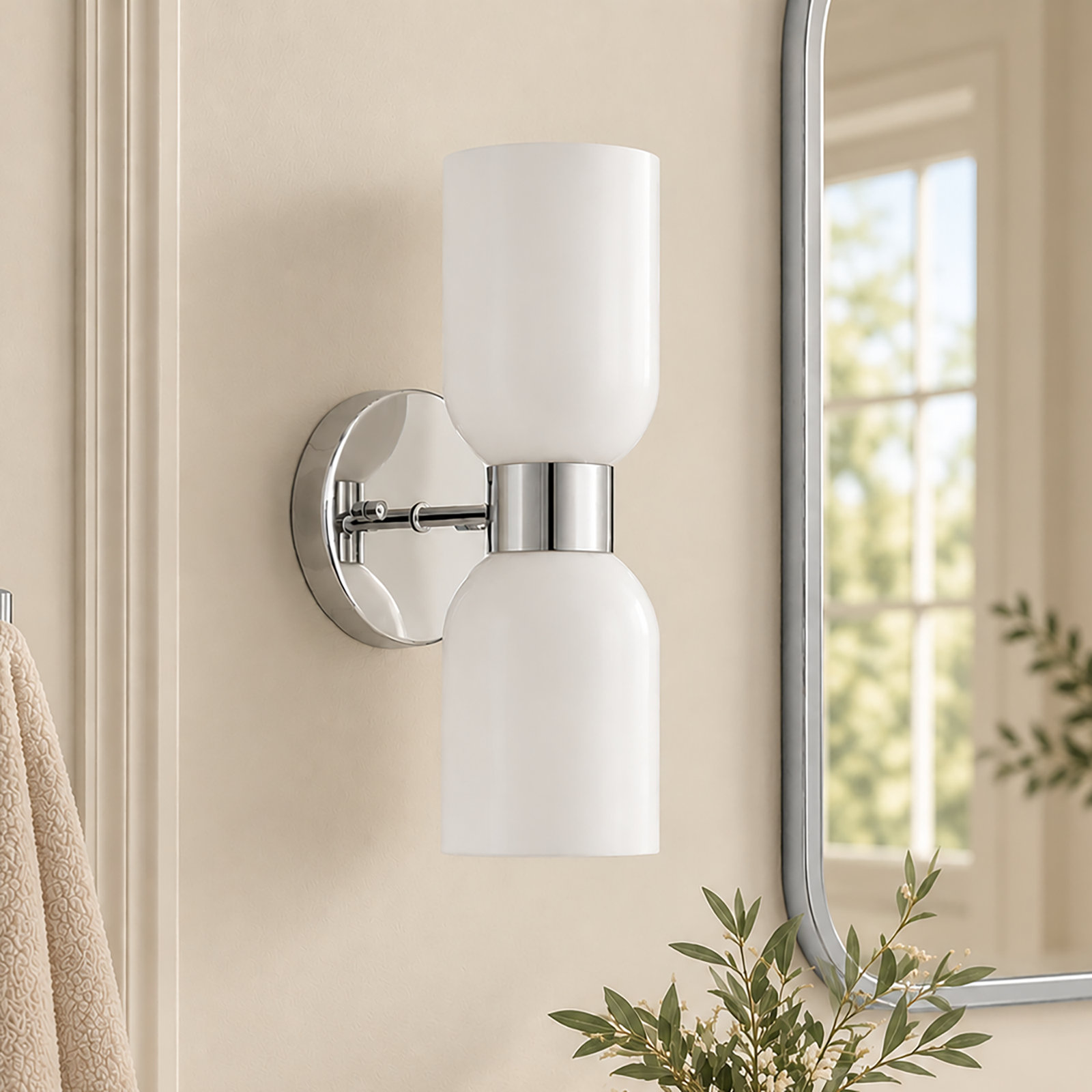 2-Light Dimmable Armed Sconce, White, Polished Chrome