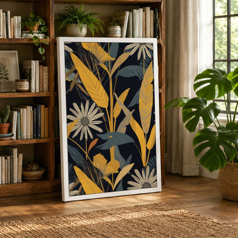 Navy Pattern Botanical - Wrapped Canvas, 18x12 - 45.7 x 30.5 cm, Ochre Border