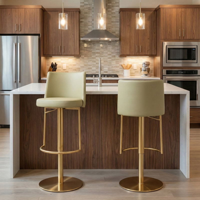 Bergamyer Swivel Upholstered Adjustable Height Counter Stool with Metal Frame, Green/Gold 