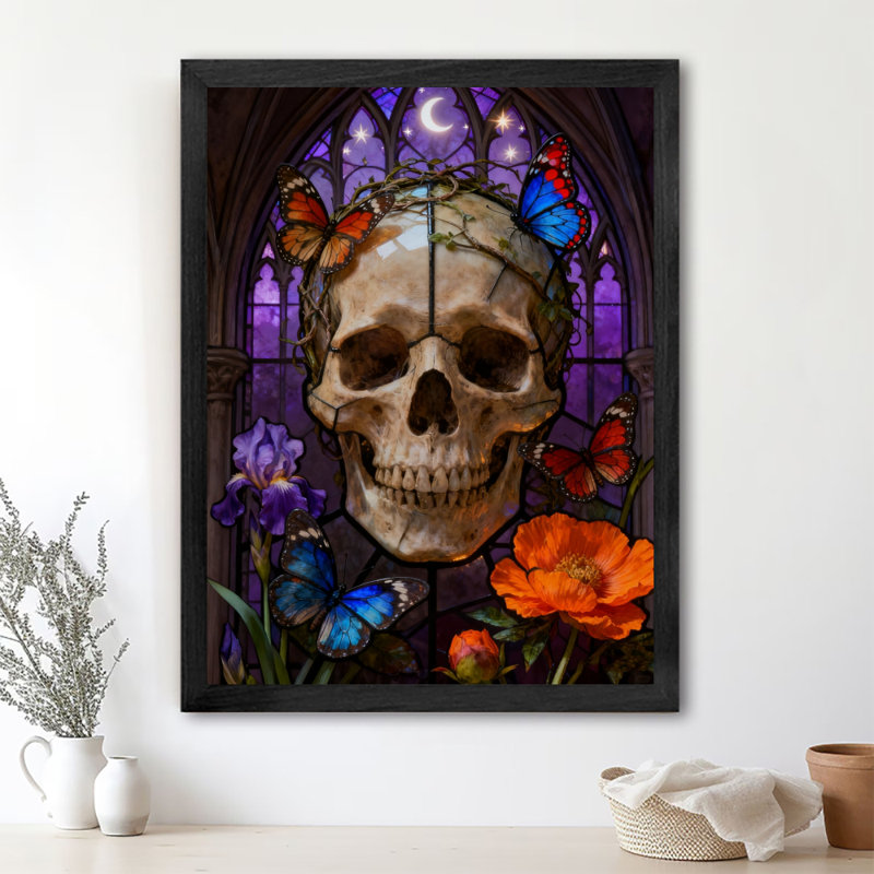 Reproduction d'art encadrée noire rétro avec fleurs de mort de style gothique rétro, H 25 po x l 17 po