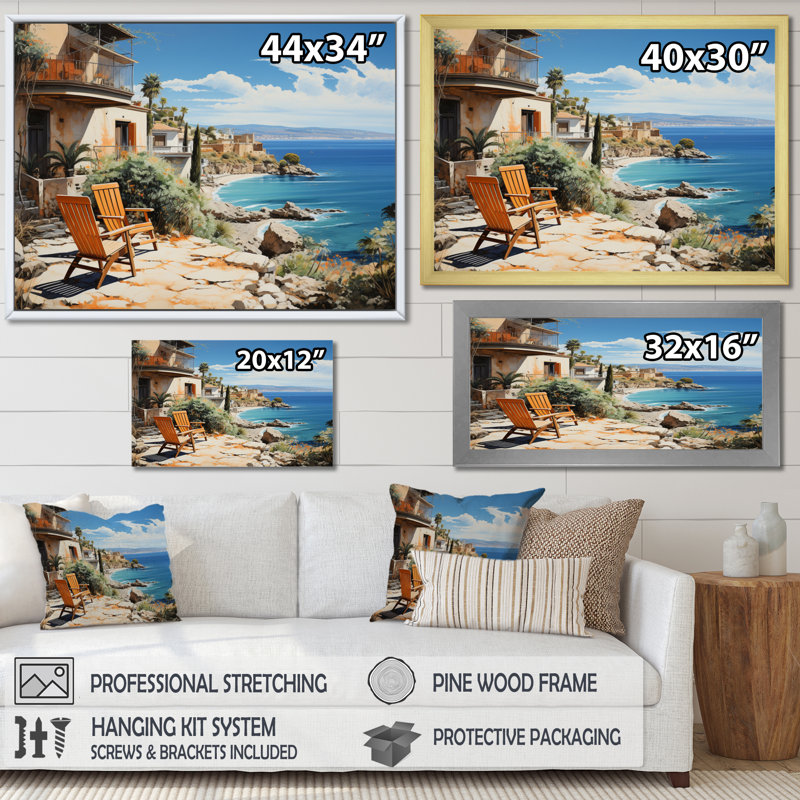 Spain Azure Coastline Village IV - Nautical & Beach Wall Art Prints, H 34 po x l 44 po x P 1,5 po, Cadre flottant noir