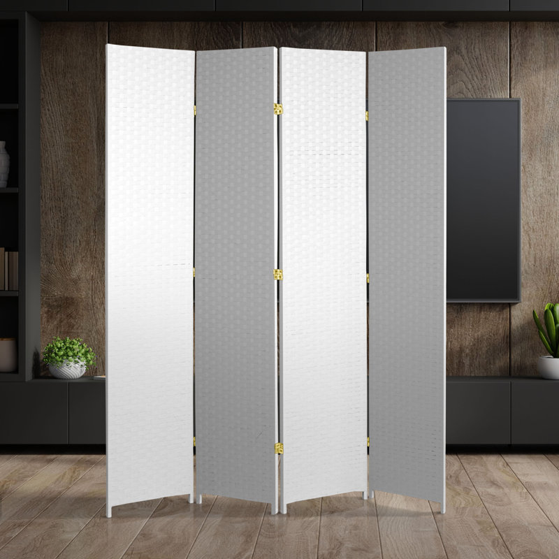 Amitis 7 Ft. Tall Woven Fiber Folding Room Divider, White, 4, 84'' H x 78'' W x 1'' D