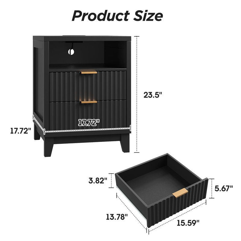17.7'' Fluted Nightstand With Charging Station, Black