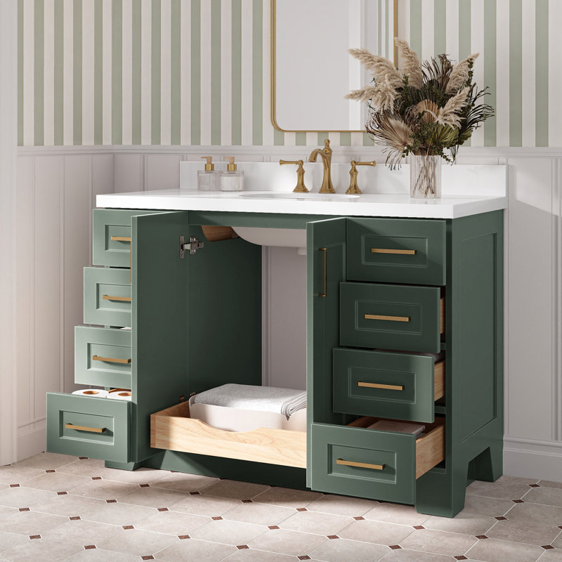 Freitas 48'' Solid Wood Single Bathroom Vanity, Oval, White Quartz, Vintage Green