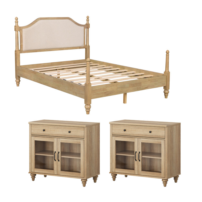 Ensemble de chambre à coucher 3 pièces, cadre de lit plateforme en bois Queen et ensemble de 2 tables de chevet, chêne