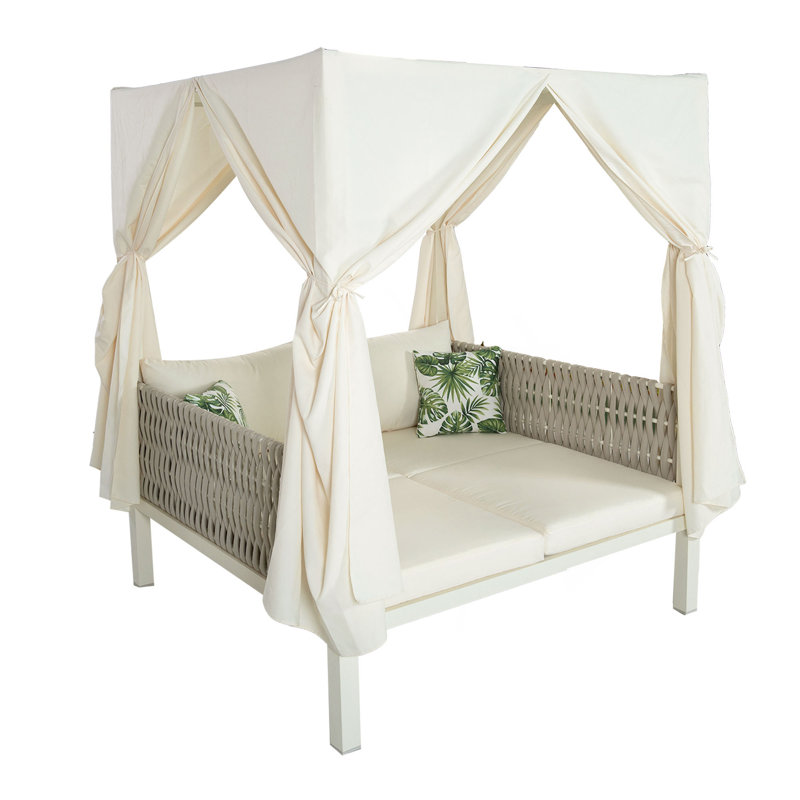 Outdoor Patio Sunbed With Canopy And Thick Cushions, Beige
