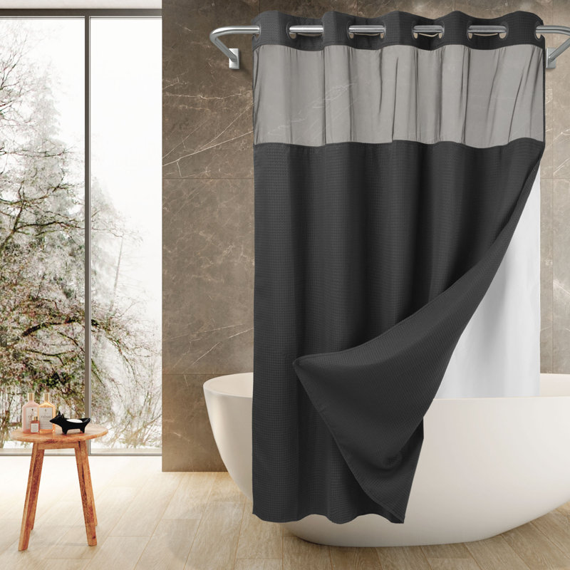 Ramjani Waffle Weave Shower Curtain With Snap in Liner, Sheer Window, 74"H x 71"W, Graphite Grey