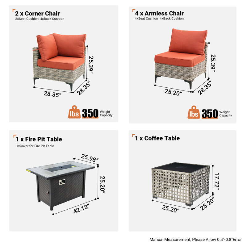 Emroy 6 - Person Reversible Modular Outdoor Conversation Set,Wicker Patio Seating Group with Lighted Coffee Table, All Weather Fire Pit & Sofa Set with Cushions