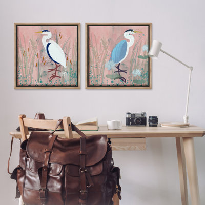 «Blue Heron Egret Cattail Marsh», ensemble de 2 toiles flottantes encadrées par Juliet Rose Philips