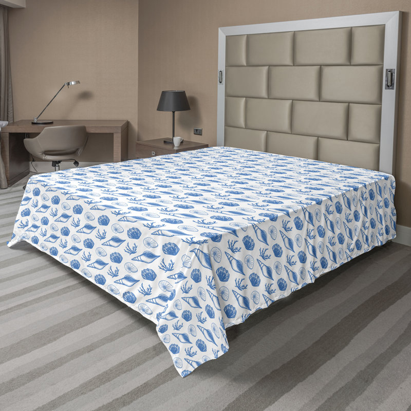 Ambesonne Marine Top Flat Sheet Seashells Coral Vintage Art Dark Turquoise and Sea Blue, California King Flat Sheet