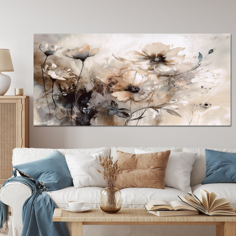 Impressions florales délicates et chaudes - décoration murale florale, H 28 po x l 60 po, Toile tendue, No Frame