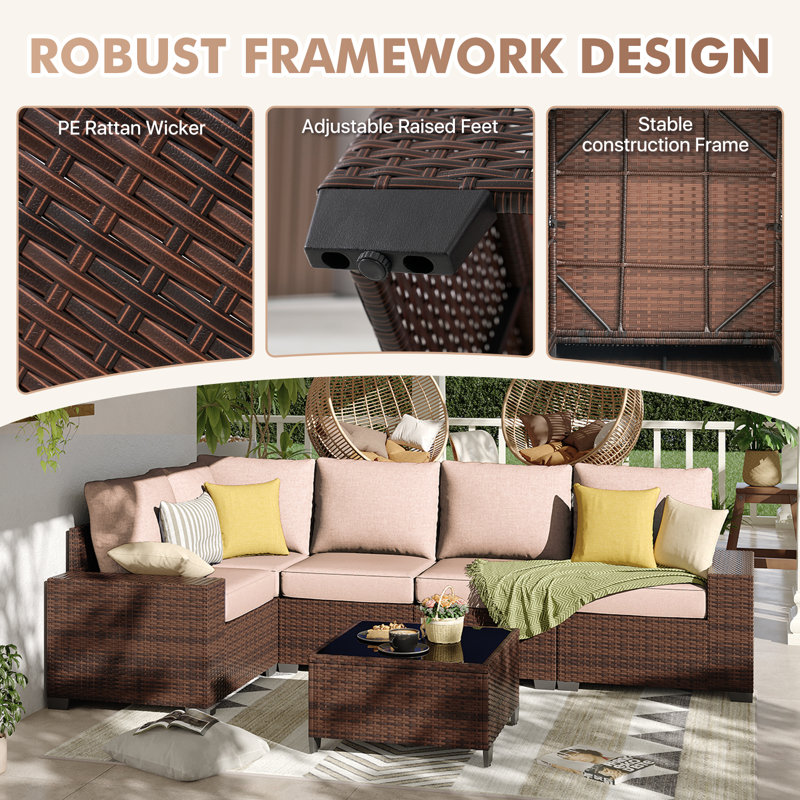 6 Pieces Outdoor Patio Furniture Set, With Cushions And Glass Coffee Table, Pe Rattan Outdoor Wicker Sectional Furniture Sofa Set