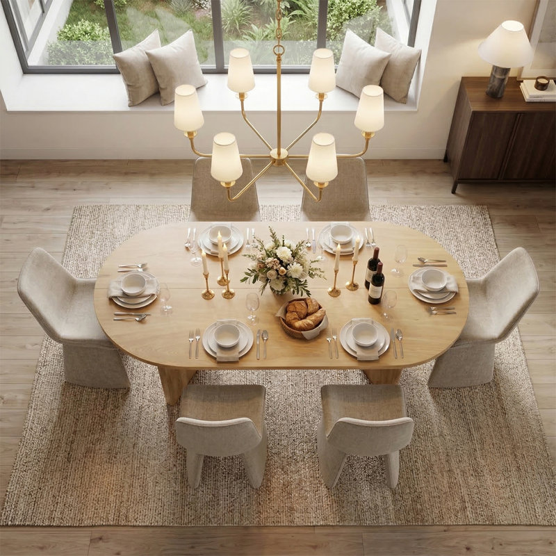 79" Oval Dining Room Set For 6, Modern Wood Grain Dining Room Set With Upholstered Dining Chairs, Khaki