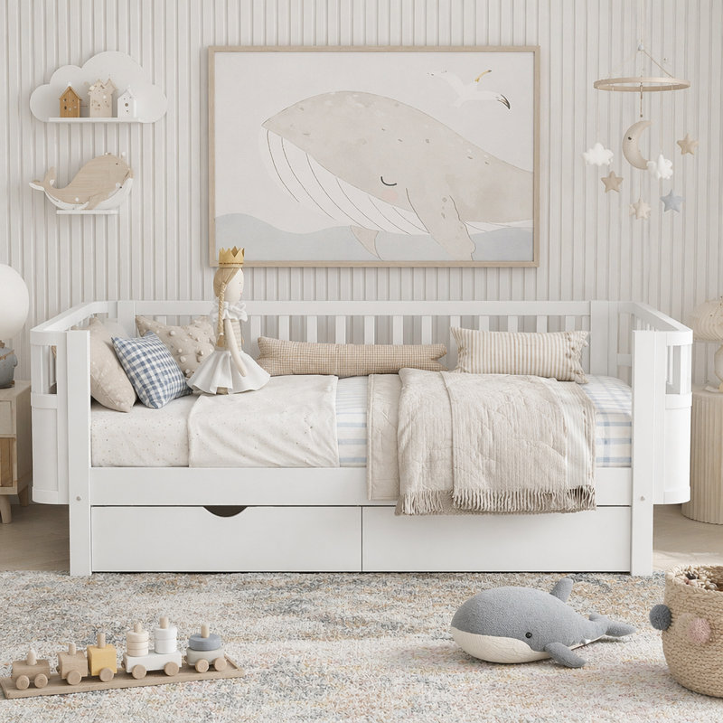 Lit plateforme simple à profil bas pour enfants avec tiroirs de rangement et rails de sécurité, Lit simple, Blanc