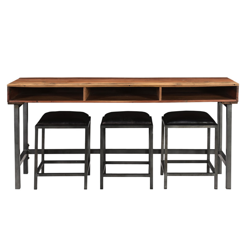 Rectangular Sofa & Console Table with 3 Stool Set, Made with Solid Wood & Leather, 76x22x36
