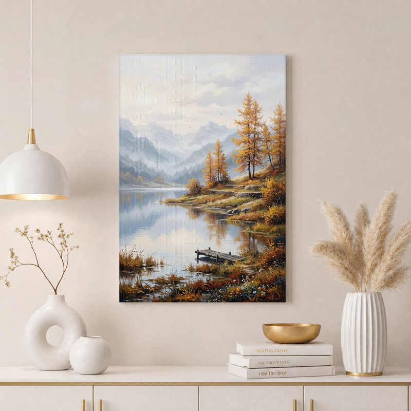 «Misty Mountain Lake with Golden Trees», art mural sur toile, H 30 po x l 20 po