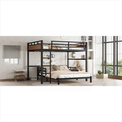 MDF and Metal Brown Finish Separable Queen Over Queen Bunk Bed for Flexible Residential Bedroom Space Arrangement