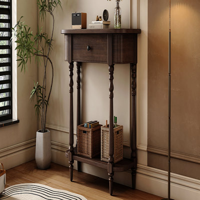 Narrow Console Table, Curved Corner, 1 Drawer, Open Shelf for Entryway - Espresso