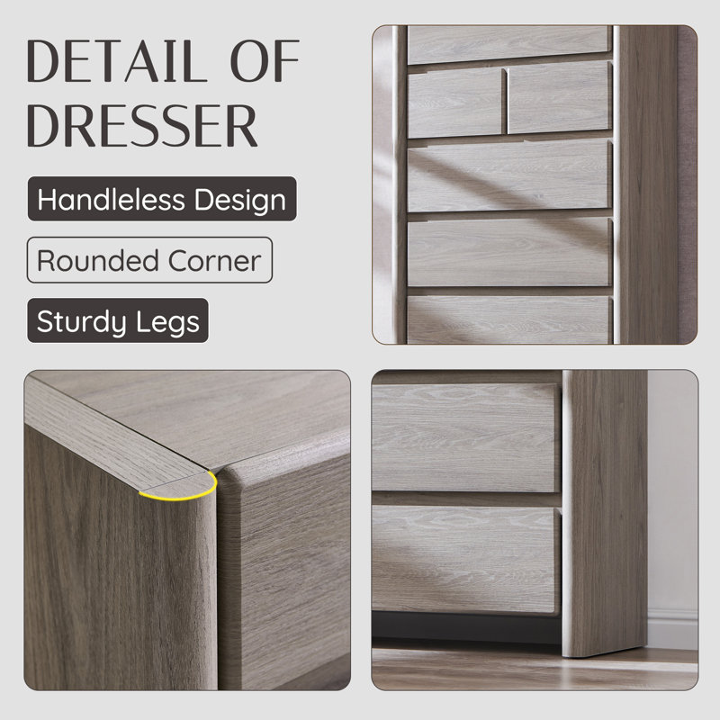Bolanos Modern 7 Drawers Dresser for Bedroom, 55" Tall Dresser w/Large Storage, Wood Handleless Organizer Dresser w/Rounded Corner