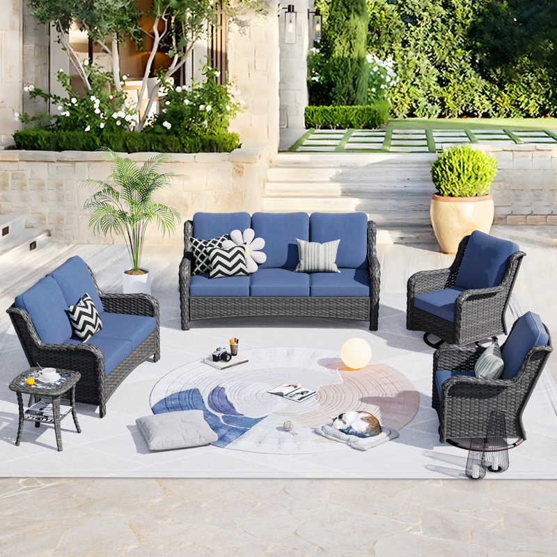 Karega 5 - Person Patio Conversation Set with Cushions, Denim Blue, Gray