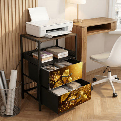 Table de chevet 2 tiroirs avec station de charge, table de chevet pour chambre à coucher avec ports USB, tablette ouverte noire, table de chevet avec imprimé floral brillant doré