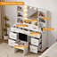 Bureau de maquillage avec miroir lumineux, grand ensemble de coiffeuse brun, 3 modes de couleur, prise de courant et ports USB, 7 tiroirs, coiffeuse avec banc de rangement, meuble-lavabo rustique pour chambre à coucher