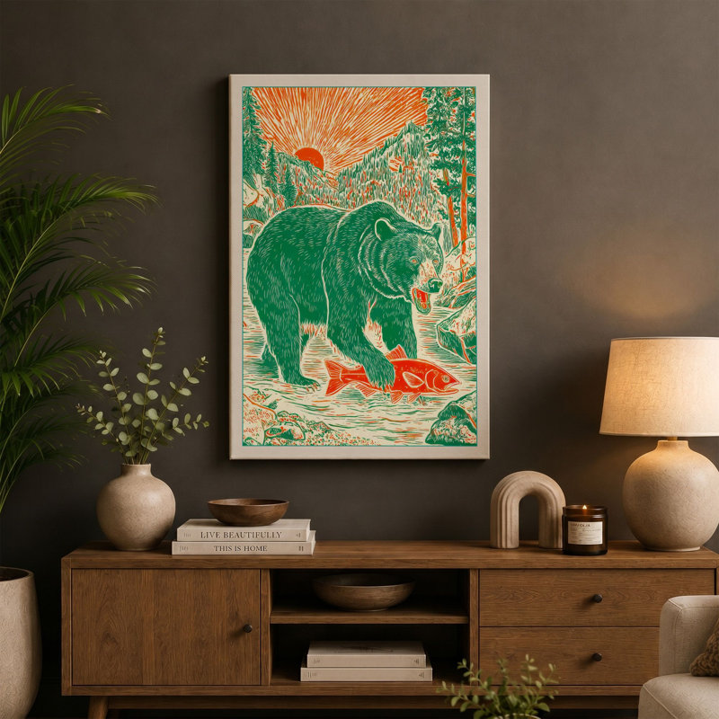 Bear In Woodland Rustic - Print, 24x16 - 61.0 x 40.6 cm, Black Border