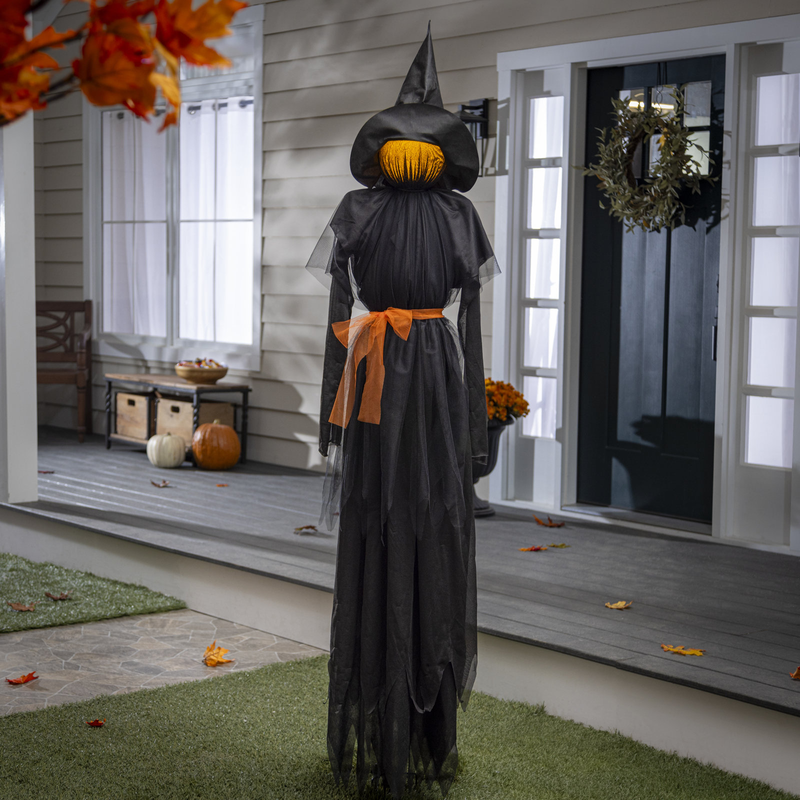 Kaari Halloween Witch Lighted Fabric Garden Stake with Orange Bow, 76"