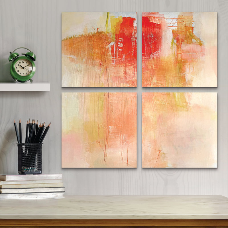 Ensemble de 4 panneaux muraux - Mila Apperlo «Orange 789», art mural sur toile pour le salon, la chambre à coucher ou le bureau 