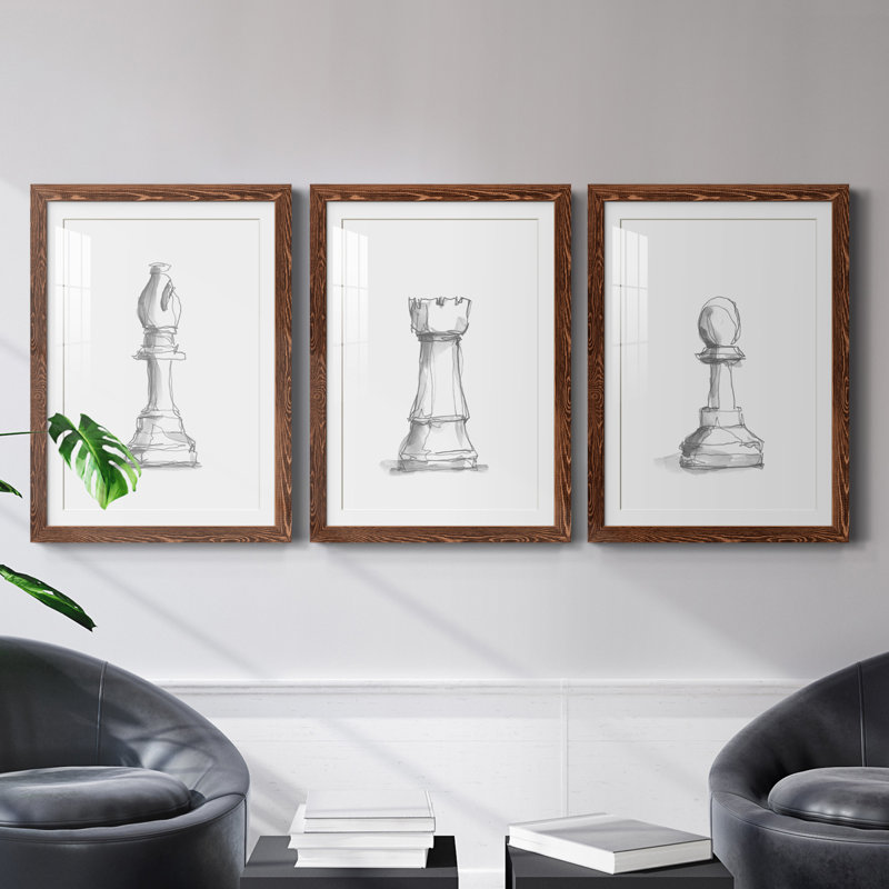 Chess Room Study IV - Ensemble de 3 reproductions de cadres photo, Érable, H 24 po x l 54 po x P 1,5 po