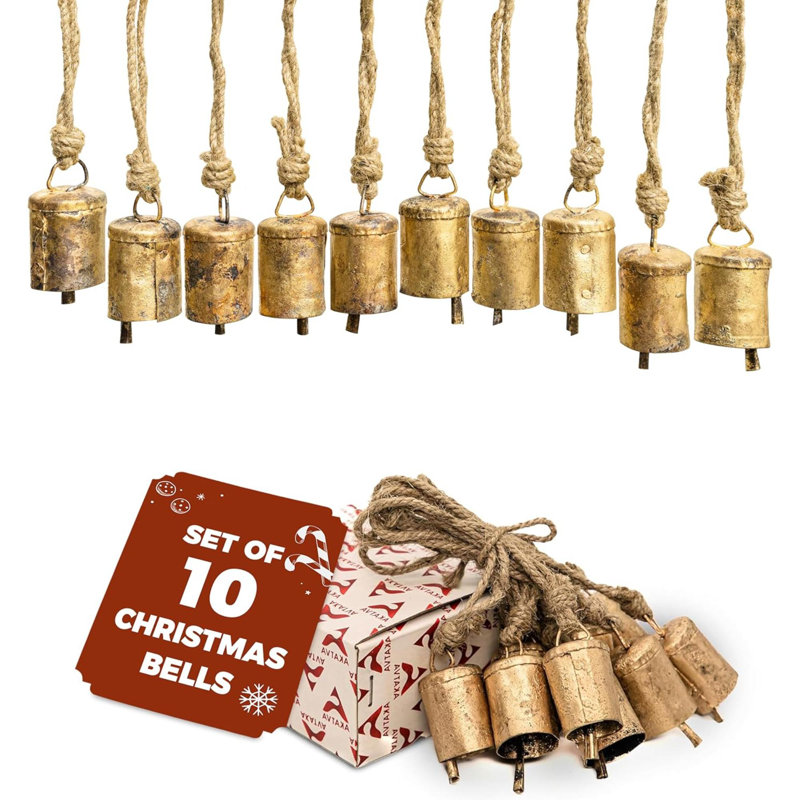 Ensemble de décorations de Noël dorées dorées - Décoration de Noël rétro pour arbre - Cloches de Noël dorées - Ornements d'arbre de Noël pour les Fêtes - Clochettes rustiques - Ensemble de 10 pièces