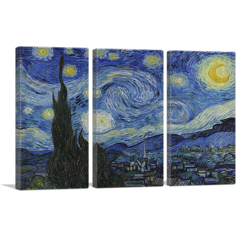 The Starry Night 1889 by Vincent Van Gogh - 3 Piece Wrapped Canvas Painting, 40" H x 60" W x 0.75" D