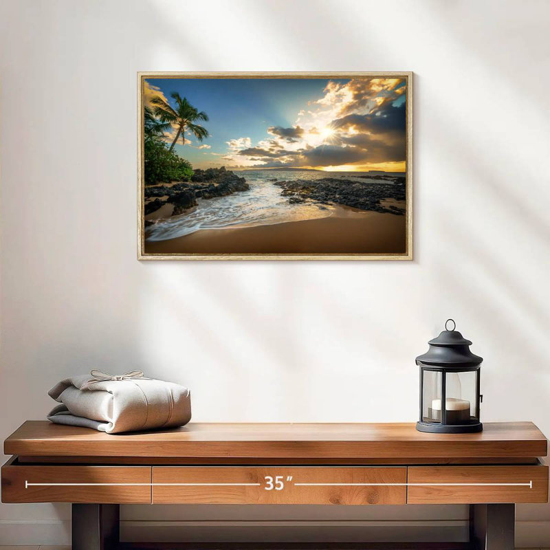 Makena Cove, ciel coucher de soleil, Cadre flottant en bois naturel, 19 po x 13 po