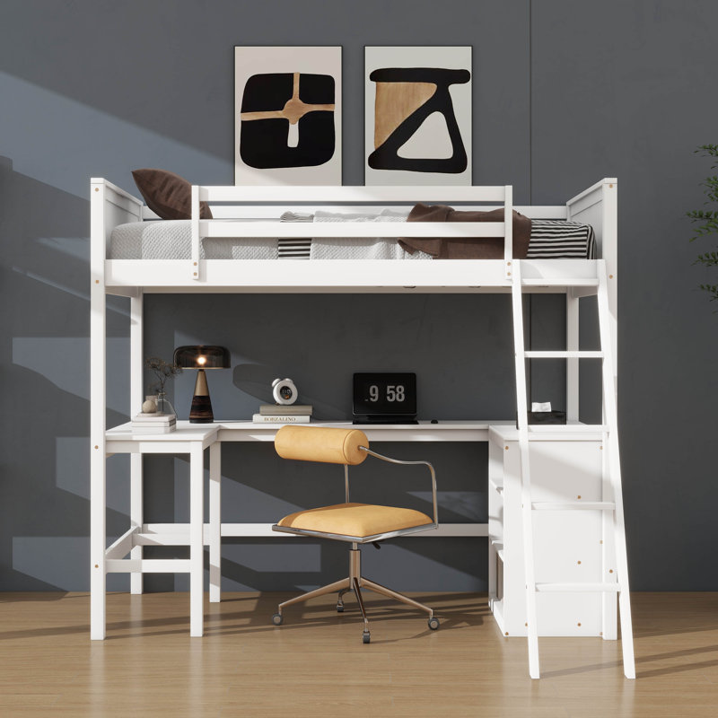 Twin Size Loft Bed With Shelves And Desk, Wooden Loft Bed With Desk