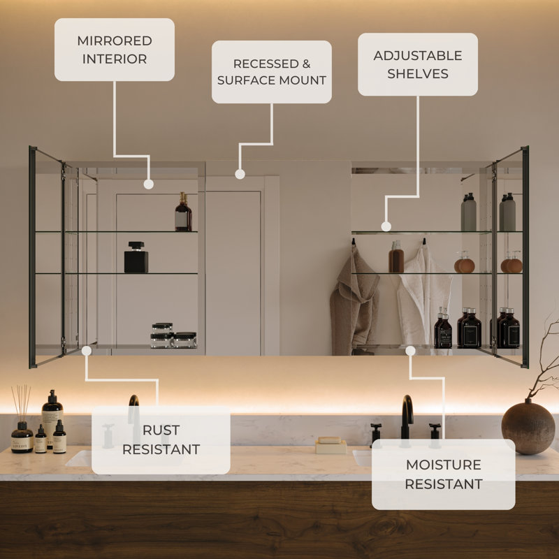 49 in. W x 26 in. H x 5 in. D Frameless Recessed or Surface-Mount 4-Shelf Bathroom Medicine Cabinet 49 in. W x 26 in. H x 5 in. D Frameless Recessed or Surface-Mount 4-Shelf Bathroom Medicine Cabinet