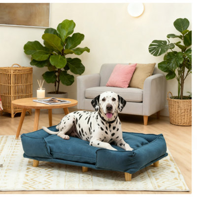Canapé surélevé pour animal de compagnie avec coussin confortable, pieds en bois de pin, bleu foncé