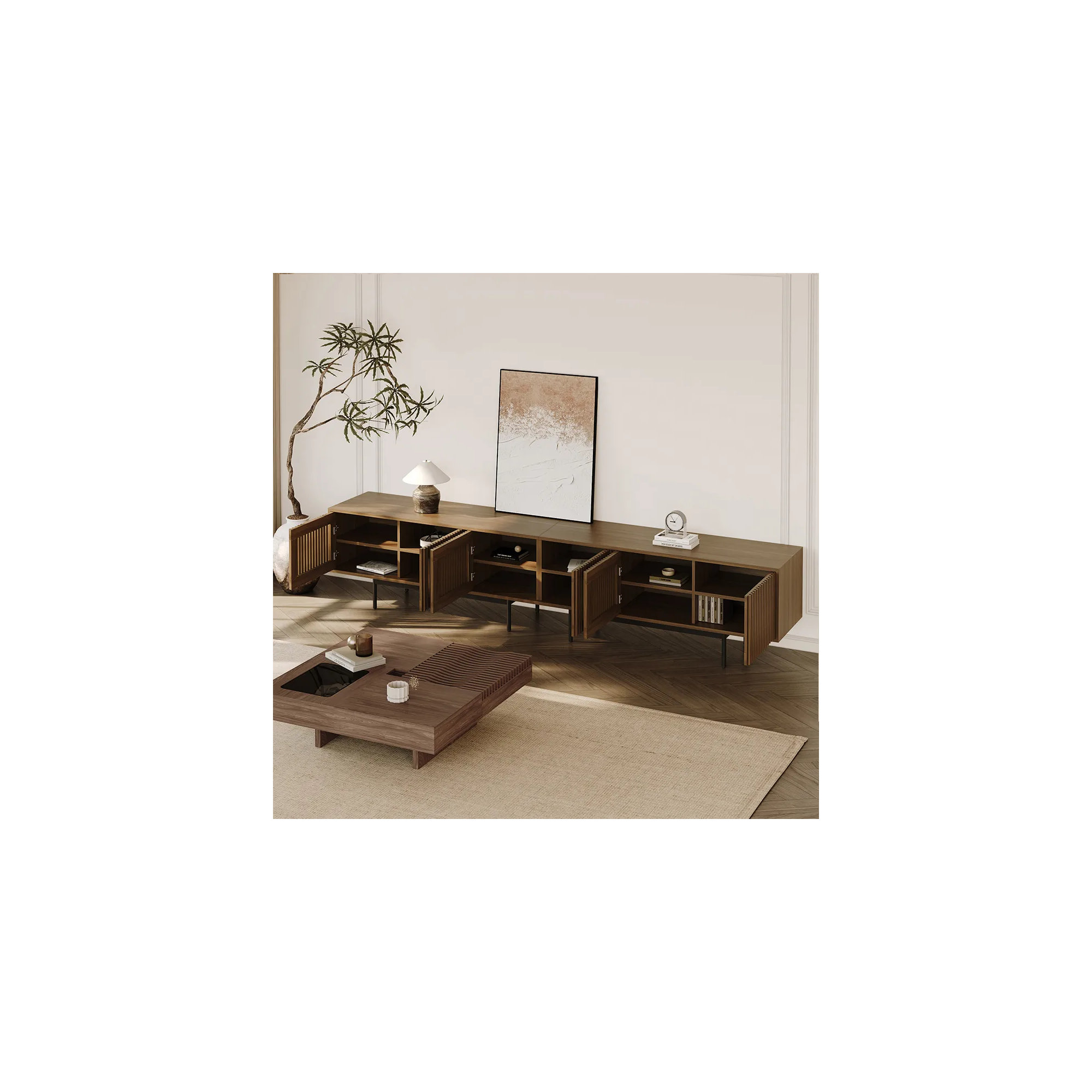 Mid-Century Modern TV Stand, 21.26" H x 118" W x 18.89" D, Walnut