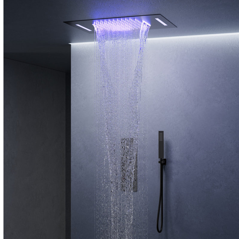 Système de douche à pluie thermostatique à DEL, pomme de douche à fixation au plafond avec douchette, Noir mat