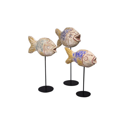 Lily's Living 12" H Medium Round Vintage Style Wooden Carving Fish With Iron Stand (Size & Color Vary)