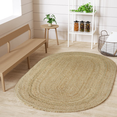 Kayleigh Jute Hand Braided Zigzag Stitch Natural Fibres Farmhouse Style Area Rug For Dining Room Living Room Kitchen, Off White/Natural