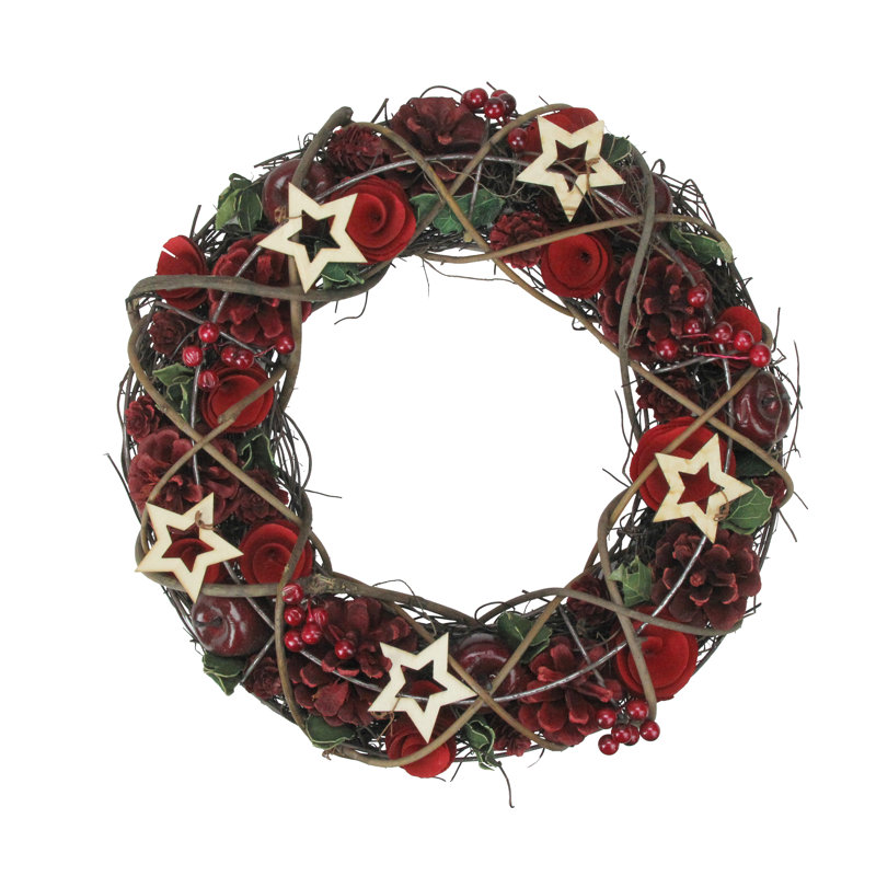 Couronne de Noël artificielle avec pommes et baies avec étoiles, H 13 po x l 13 po x P 3 po